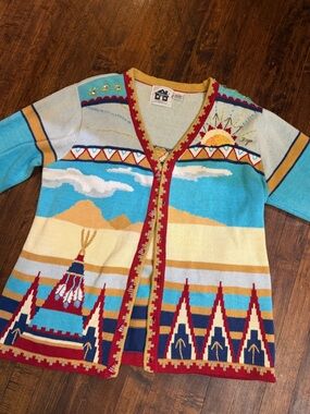 Vintage StoryBook Knits Tribal Native American Wearable Art Cardigan Sweater L
